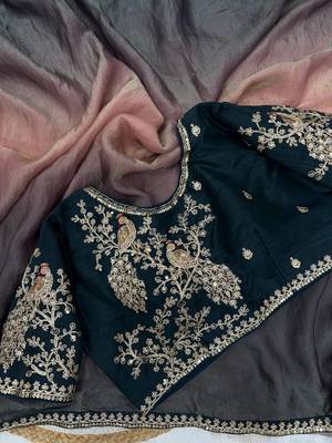 black and shaded peach sequin embroidered silk blend saree 5