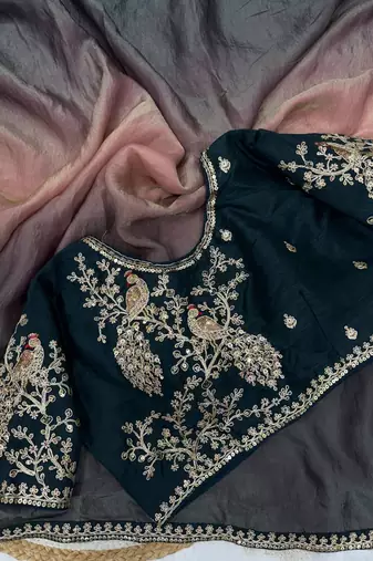 black and shaded peach sequin embroidered silk blend saree