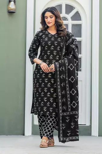  Women's Cotton Blend Floral Straight Printed Kurta Pant With Dupatta | kurta sets for woman