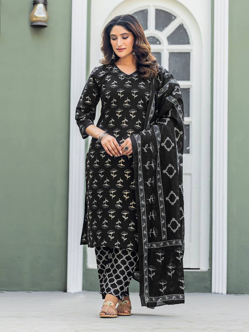  Women's Cotton Blend Floral Straight Printed Kurta Pant With Dupatta | kurta sets for woman