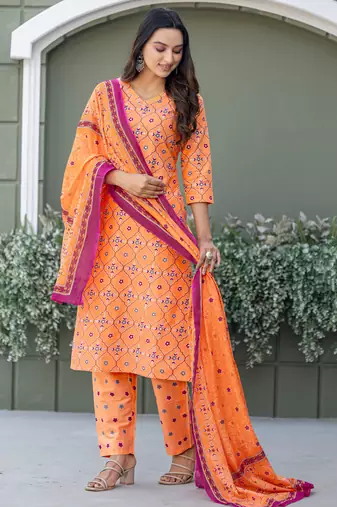  Women's Cotton Blend Floral Straight Printed Kurta Pant With Dupatta | kurta sets for woman