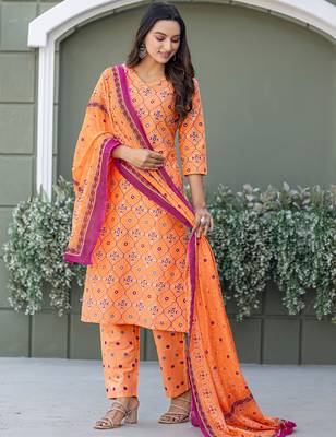  Women's Cotton Blend Floral Straight Printed Kurta Pant With Dupatta | kurta sets for woman 1