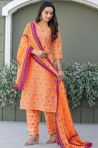  Women's Cotton Blend Floral Straight Printed Kurta Pant With Dupatta | kurta sets for woman