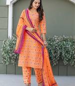  Women's Cotton Blend Floral Straight Printed Kurta Pant With Dupatta | kurta sets for woman