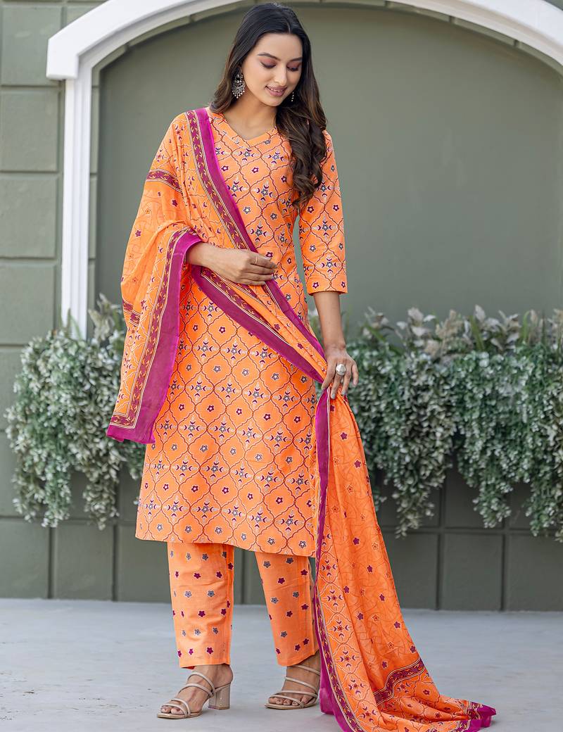  Women's Cotton Blend Floral Straight Printed Kurta Pant With Dupatta | kurta sets for woman
