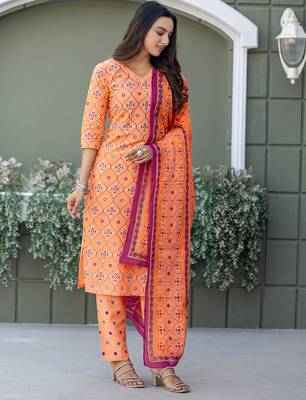  Women's Cotton Blend Floral Straight Printed Kurta Pant With Dupatta | kurta sets for woman 5