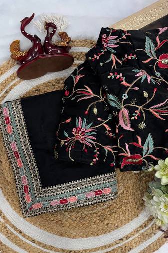 black sequins and embroidery work border silk blend saree