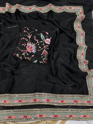 black sequins and embroidery work border silk blend saree 2