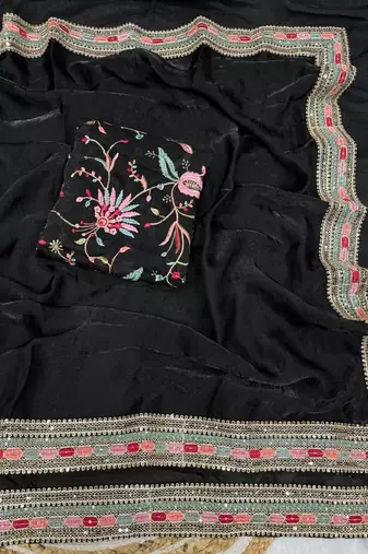 black sequins and embroidery work border silk blend saree