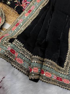 black sequins and embroidery work border silk blend saree 3