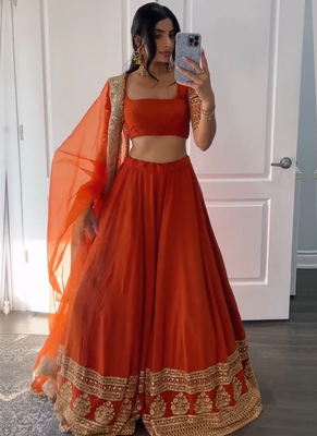 Orange Georgette Zari sequin Embroidered Lehenga Choli  1