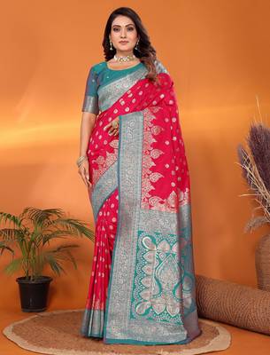 Hot pink silk blend butti zari weaving with zari border saree 1