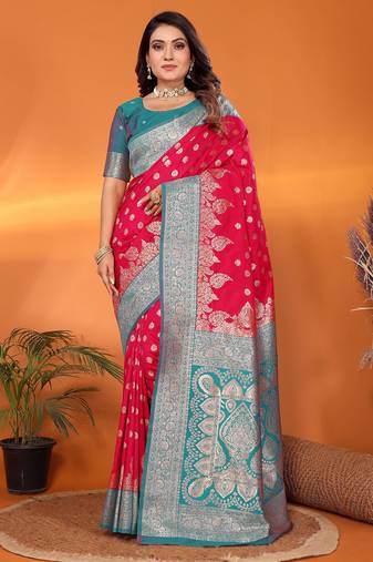 Hot pink silk blend butti zari weaving with zari border saree