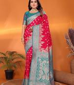 Hot pink silk blend butti zari weaving with zari border saree