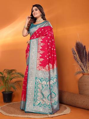 Hot pink silk blend butti zari weaving with zari border saree 2