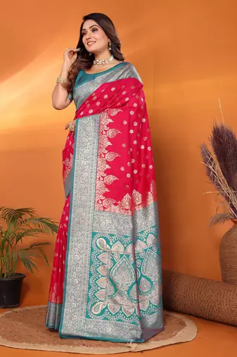 Hot pink silk blend butti zari weaving with zari border saree