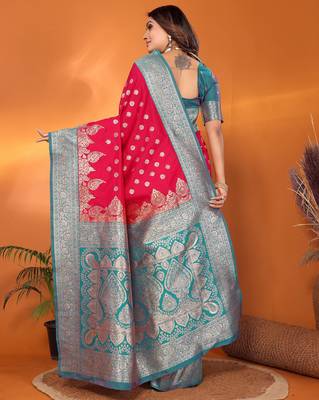 Hot pink silk blend butti zari weaving with zari border saree 3