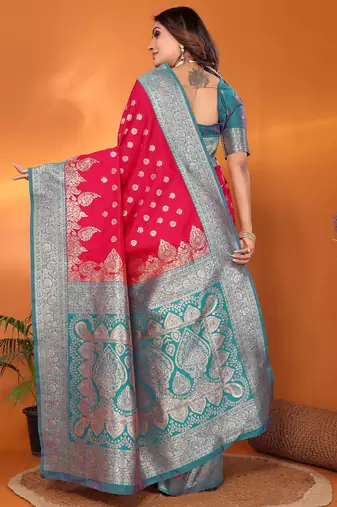 Hot pink silk blend butti zari weaving with zari border saree