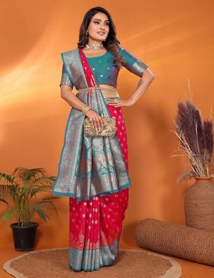 Hot pink silk blend butti zari weaving with zari border saree 4