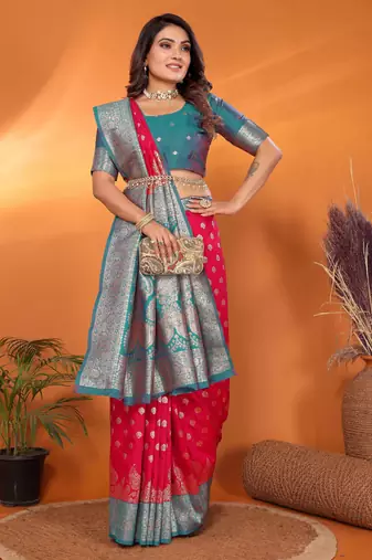 Hot pink silk blend butti zari weaving with zari border saree