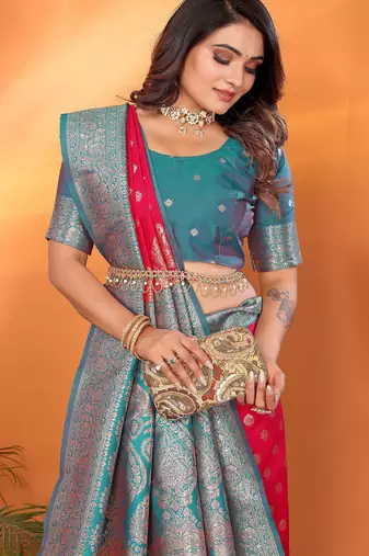Hot pink silk blend butti zari weaving with zari border saree