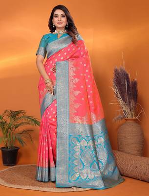Pink silk blend butti zari weaving with zari border saree 1