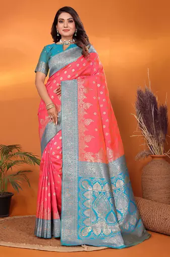 Pink silk blend butti zari weaving with zari border saree