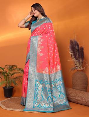 Pink silk blend butti zari weaving with zari border saree 2