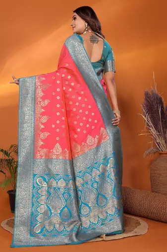 Pink silk blend butti zari weaving with zari border saree