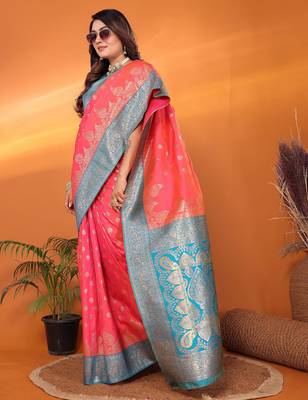 Pink silk blend butti zari weaving with zari border saree 4