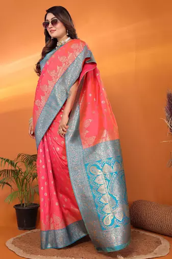 Pink silk blend butti zari weaving with zari border saree