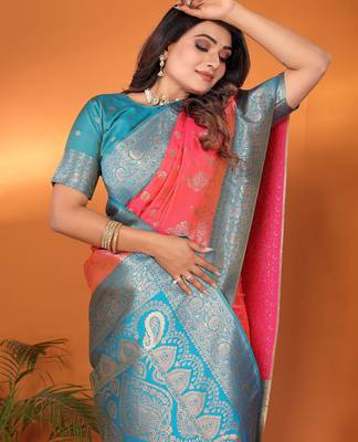Pink silk blend butti zari weaving with zari border saree 5