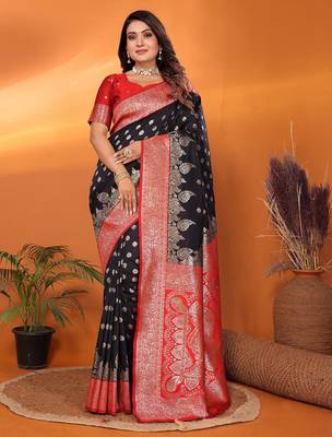 Black silk blend butti zari weaving with zari border saree 1