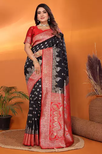 Black silk blend butti zari weaving with zari border saree
