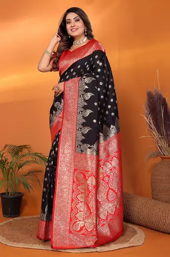 Black silk blend butti zari weaving with zari border saree