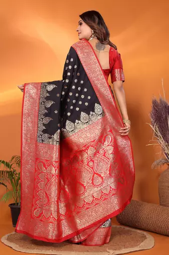 Black silk blend butti zari weaving with zari border saree