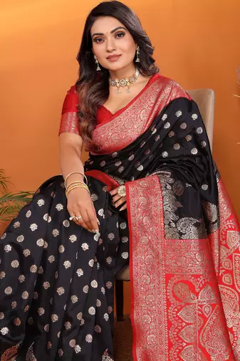 Black silk blend butti zari weaving with zari border saree