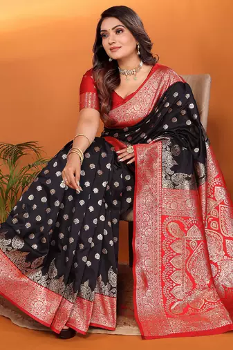 Black silk blend butti zari weaving with zari border saree