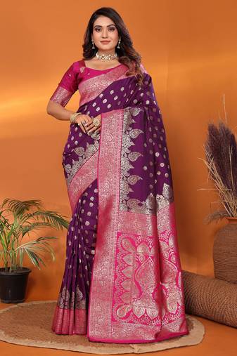 Purple silk blend butti zari weaving with zari border saree