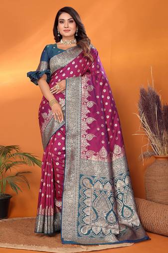 Magenta silk blend butti zari weaving with zari border saree