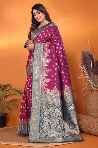Magenta silk blend butti zari weaving with zari border saree