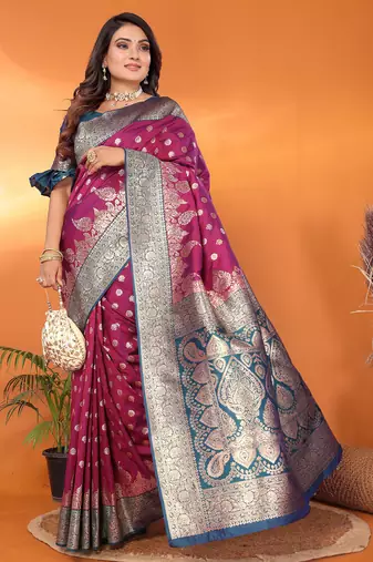 Magenta silk blend butti zari weaving with zari border saree