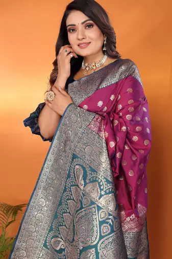 Magenta silk blend butti zari weaving with zari border saree