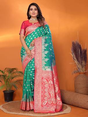 Light green silk blend butti zari weaving with zari border saree 1
