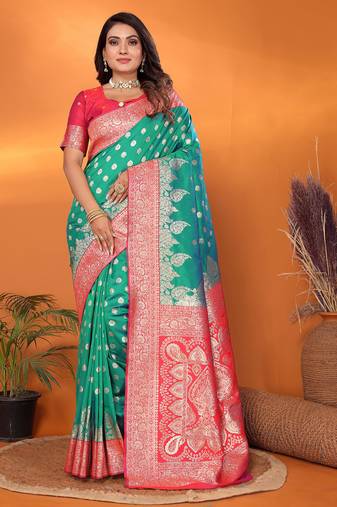 Light green silk blend butti zari weaving with zari border saree