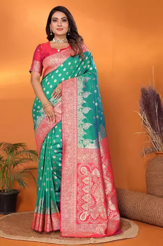 Light green silk blend butti zari weaving with zari border saree
