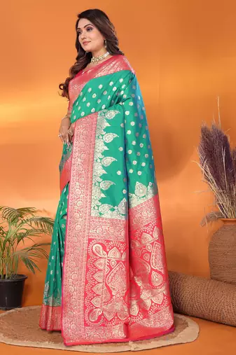 Light green silk blend butti zari weaving with zari border saree