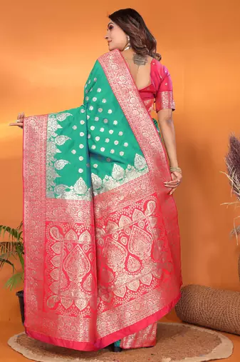 Light green silk blend butti zari weaving with zari border saree