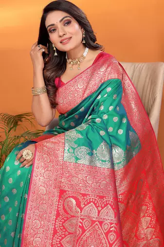 Light green silk blend butti zari weaving with zari border saree