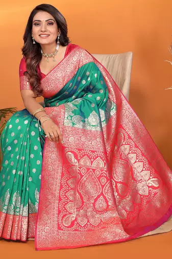 Light green silk blend butti zari weaving with zari border saree
